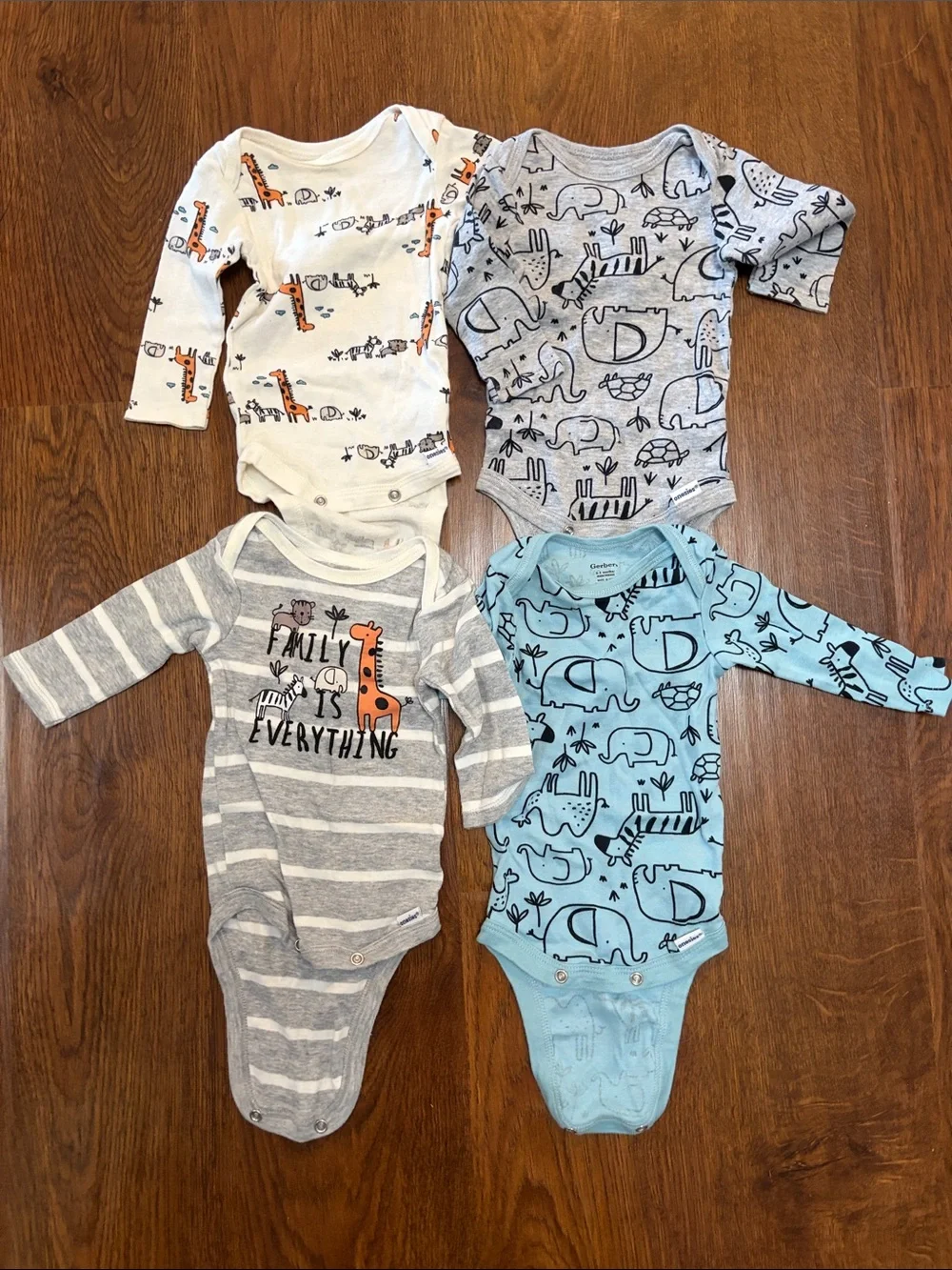 Gerber Long-Sleeve Animal Print Bodysuits in White, Gray, Blue
